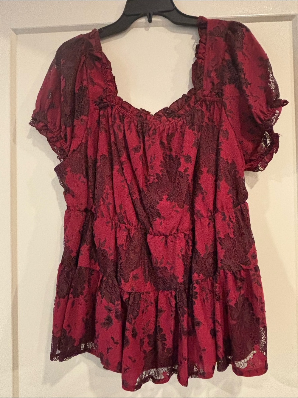 Torrid Burgundy Red Floral Lace Peasant Blouse